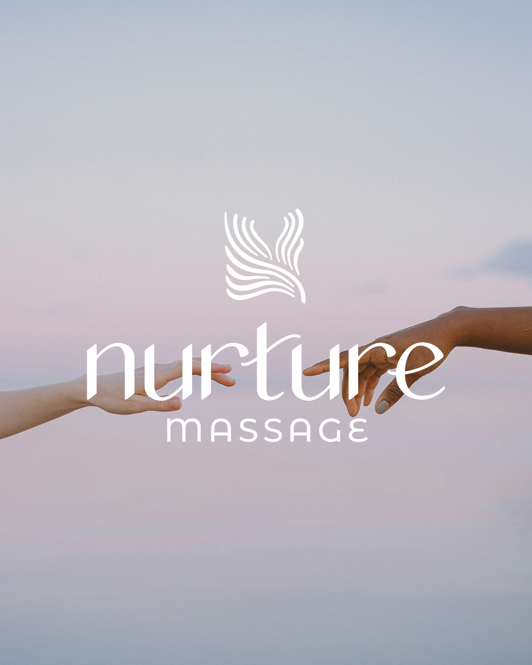 Nurture Massage wordmark reveal over a close-up photo of hands